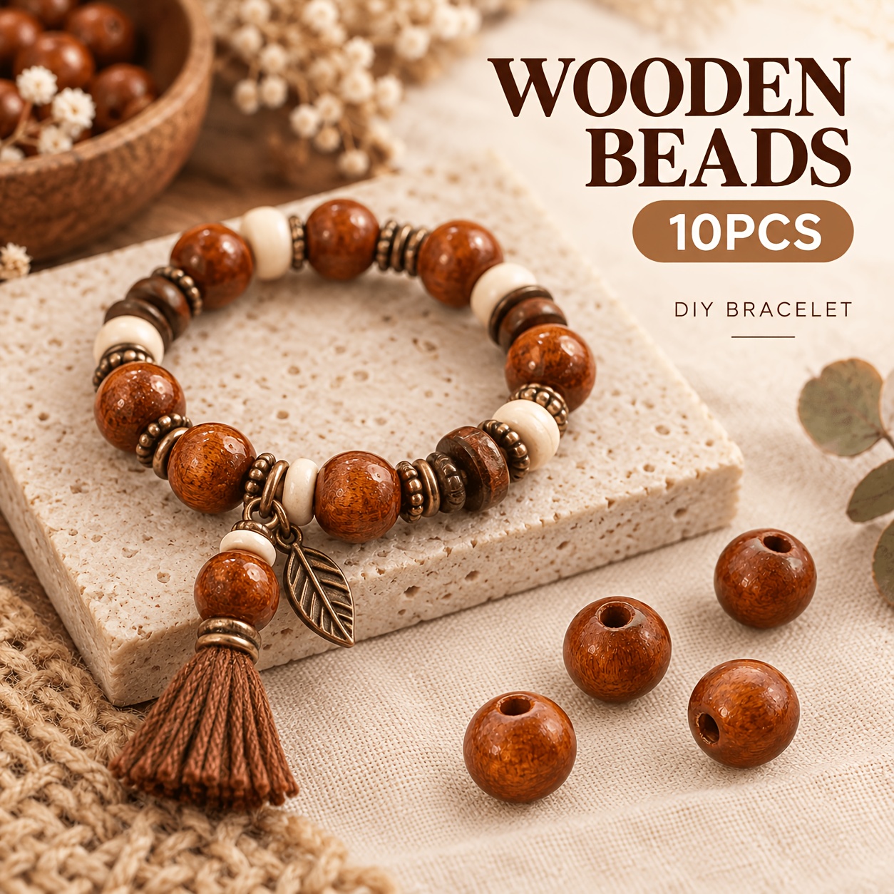 10pcs Wood Round Spacer Beads for DIY Jewellery Making